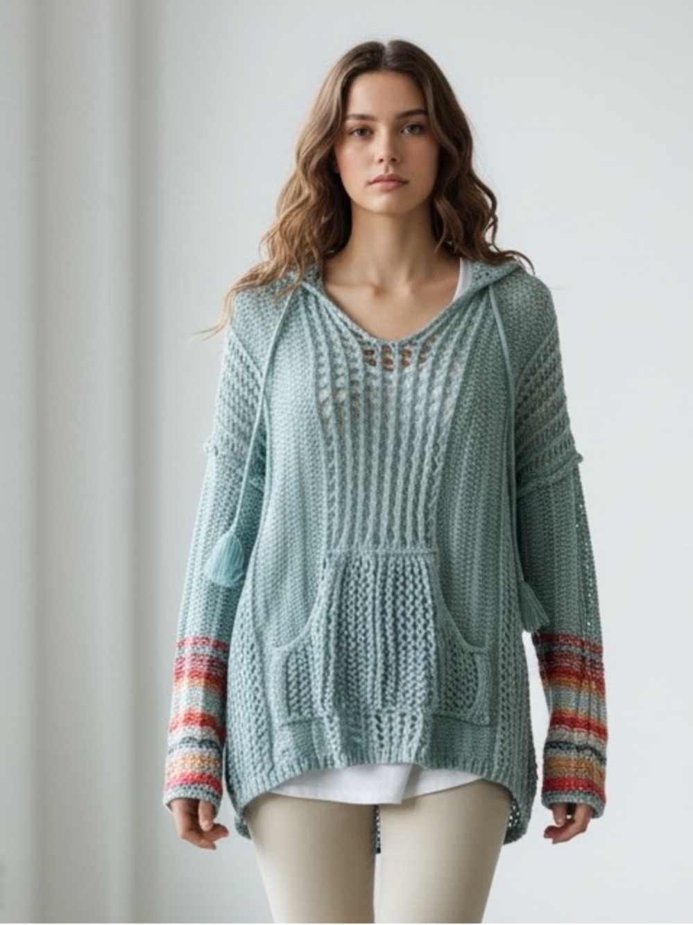 POL Mint Green Knit Hoodie Sweater with Multicolor Striped Cuffs
